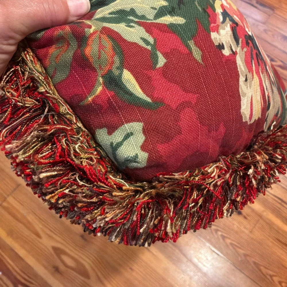 Vintage Floral Fringe Throw Pillows Set of 2 Burgundy Red Rose Peony 18x18